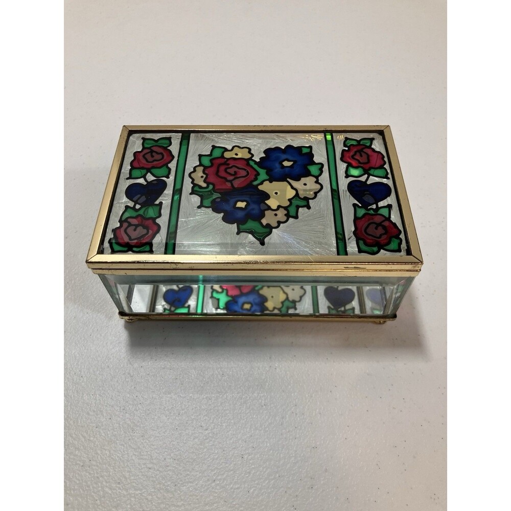 Vintage 1995 Joan Baker Designs Glass Trinket Box Floral Heart Beveled Glass